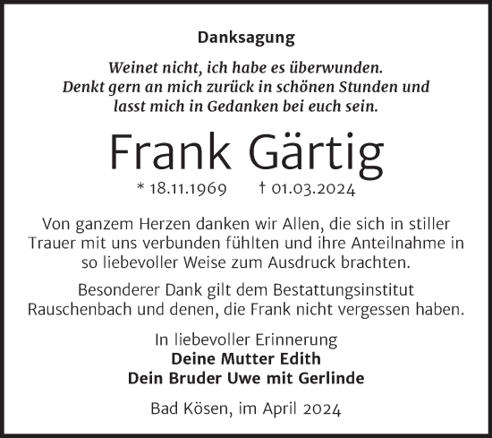 Traueranzeige von Frank Gärtig von Super Sonntag Naumburg/Nebra