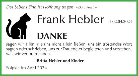 Traueranzeige von Frank Hebler von Volksstimme Altmark West