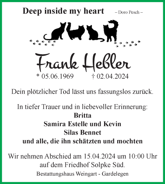 Traueranzeige von Frank Hebler von Volksstimme Altmark West