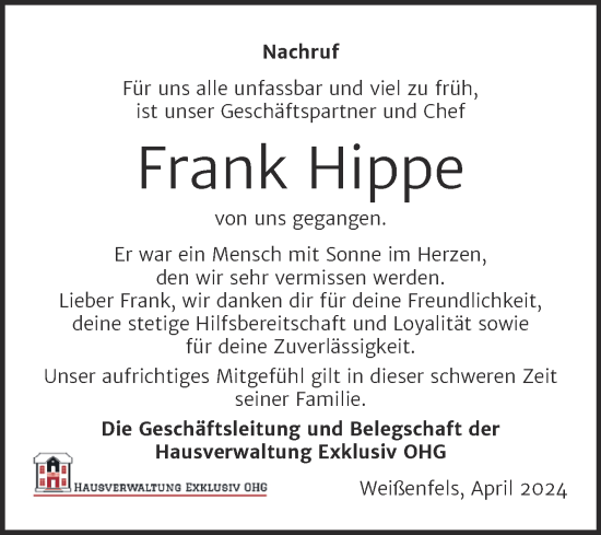 Traueranzeige von Frank Hippe von Super Sonntag Weißenfels