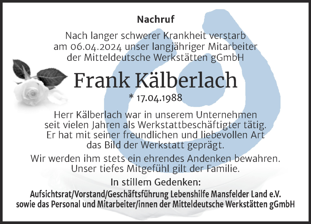  Traueranzeige für Frank Kälberlach vom 20.04.2024 aus Mitteldeutsche Zeitung Mansfelder Land
