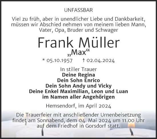 Traueranzeige von Frank Müller von Trauerkombi Wittenberg