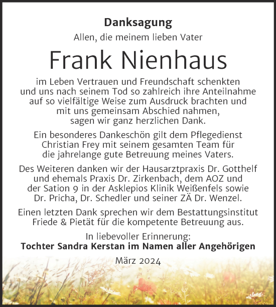 Traueranzeige von Frank Nienhaus von Trauerkombi Weißenfels