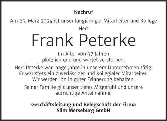 Traueranzeige von Frank Peterke von Mitteldeutsche Zeitung Merseburg/Querfurt