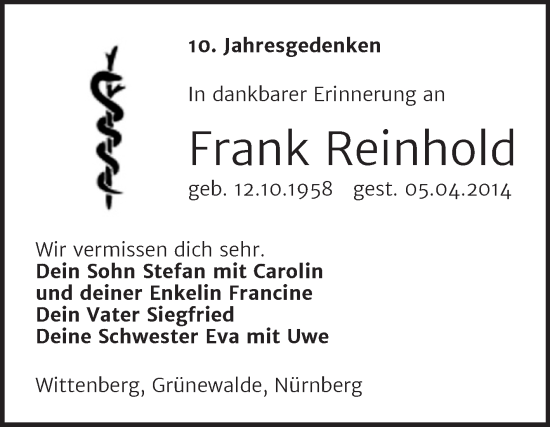 Traueranzeige von Frank Reinhold 