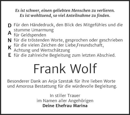 Traueranzeige von Frank Wolf von Trauerkombi Dessau