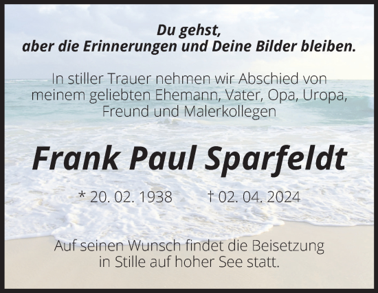 Traueranzeige von Frank Paul Sparfeldt von Volksstimme Burg/Genthin