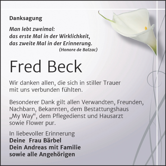 Traueranzeige von Fred Beck von Trauerkombi Weißenfels