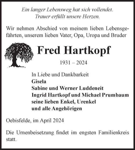 Traueranzeige von Fred Hartkopf von Volksstimme Altmark West