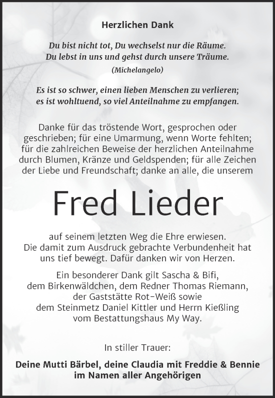 Traueranzeige von Fred Lieder von Trauerkombi Weißenfels