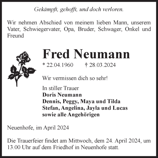 Traueranzeige von Fred Neumann von Volksstimme Haldensleben/Wolmirstedt