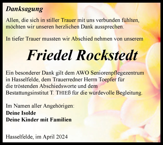 Traueranzeige von Friedel Rockstedt von Volksstimme Wernigerode