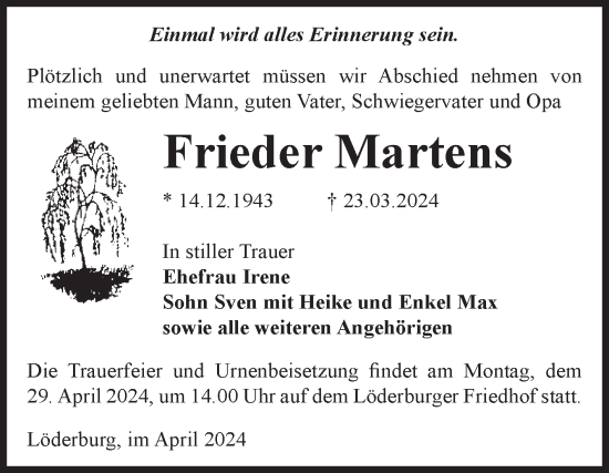 Traueranzeige von Frieder Martens von Volksstimme Staßfurt