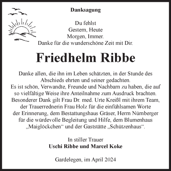 Traueranzeige von Friedhelm Ribbe von Volksstimme Altmark West