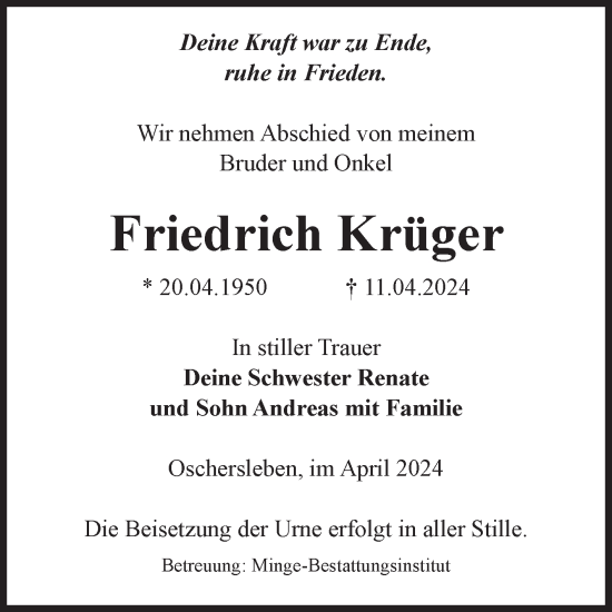 Traueranzeige von Friedrich Krüger von Volksstimme Oschersleben/Wanzleben