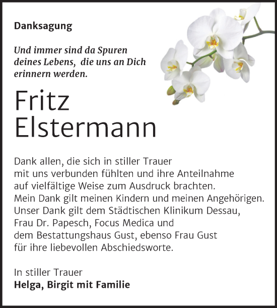 Traueranzeige von Fritz Elstermann von Trauerkombi Köthen