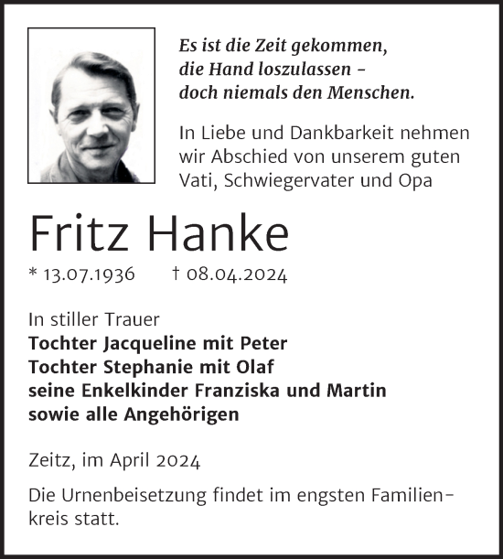 Traueranzeige von Fritz Hanke von Trauerkombi Zeitz