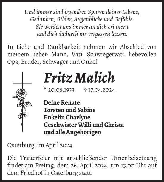 Traueranzeige von Fritz Malich von Volksstimme Altmark Ost