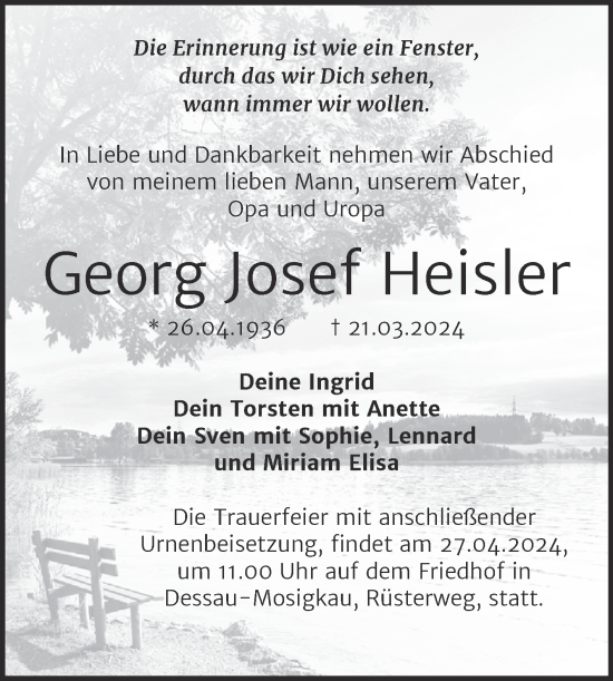 Traueranzeige von Georg Josef Heisler von Trauerkombi Dessau