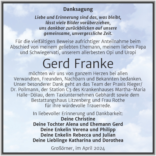 Traueranzeige von Gerd Franke von Trauerkombi Mansfelder Land