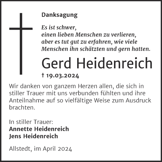 Traueranzeige von Gerd Heidenreich von Trauerkombi Sangerhausen