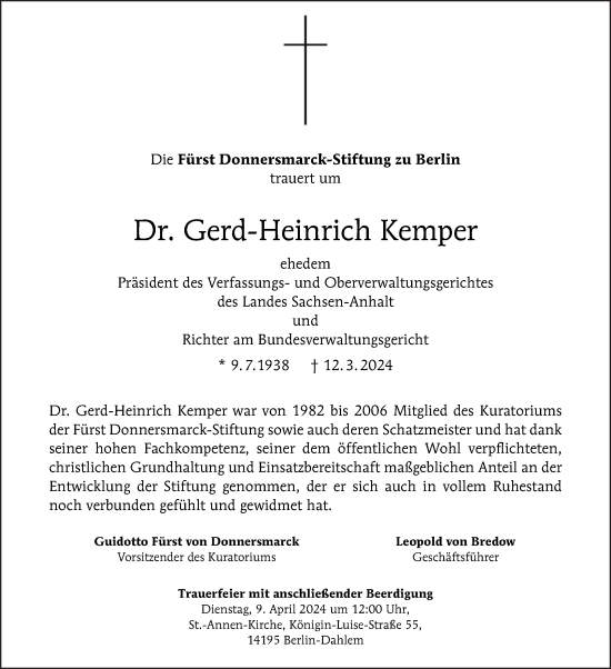 Traueranzeige von Gerd-Heinrich Kemper von Volksstimme Magdeburg