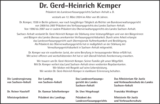 Traueranzeige von Gerd-Heinrich Kemper von Mitteldeutsche Zeitung Gesamt Sachsen-Anhalt Süd