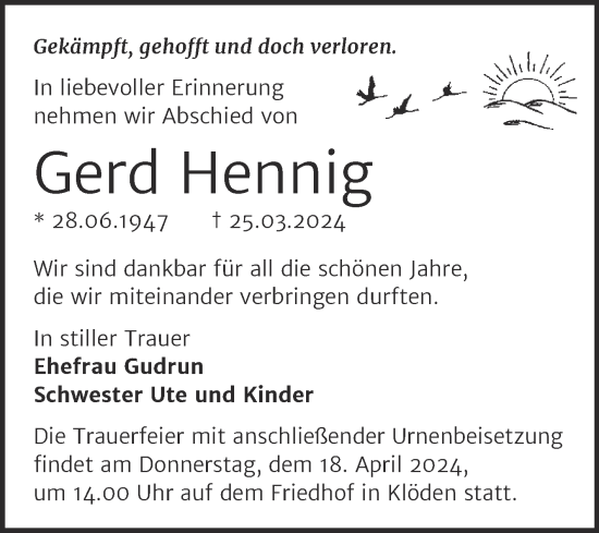Traueranzeige von Gerd Hennig von Trauerkombi Wittenberg