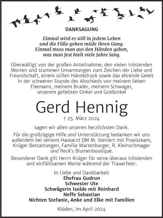Traueranzeige von Gerd Hennig von Trauerkombi Wittenberg