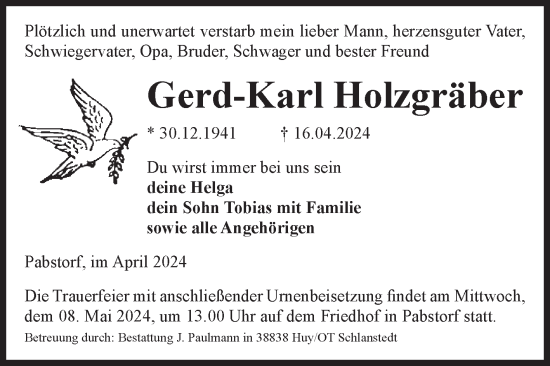 Traueranzeige von Gerd-Karl Holzgräber von Volksstimme Halberstadt