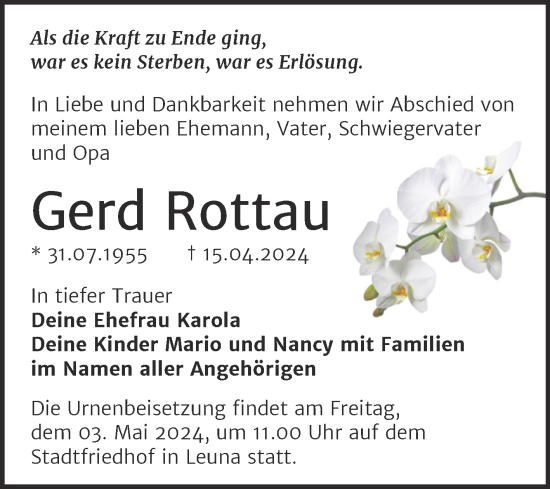 Traueranzeige von Gerd Rottau von Trauerkombi Merseburg