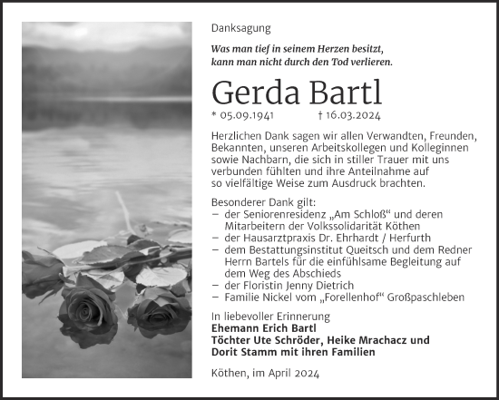 Traueranzeige von Gerda Bartl von Trauerkombi Köthen