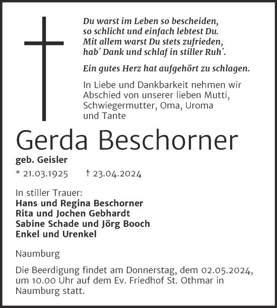 Traueranzeige von Gerda Beschorner von Naumburger Tageblatt