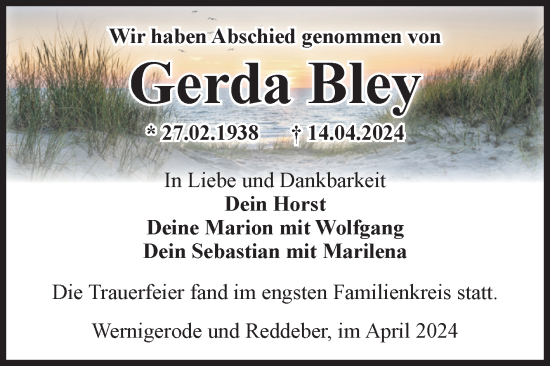 Traueranzeige von Gerda Bley von Volksstimme Wernigerode
