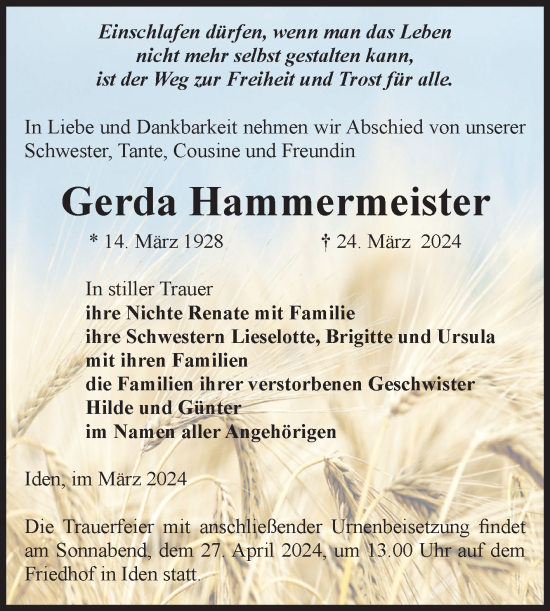 Traueranzeige von Gerda Hammermeister von Volksstimme Altmark Ost