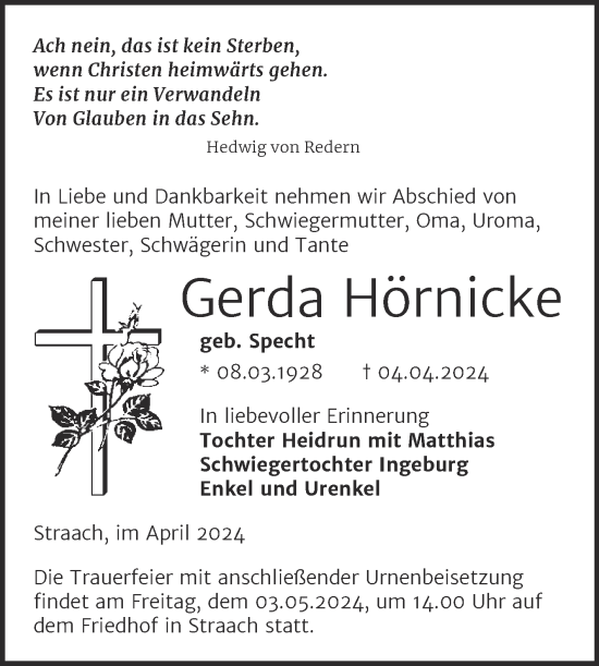 Traueranzeige von Gerda Hörnicke von Trauerkombi Wittenberg
