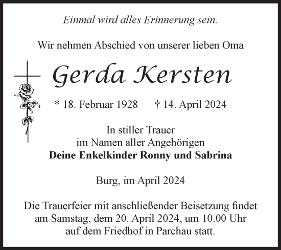 Traueranzeige von Gerda Kersten von Volksstimme Burg/Genthin