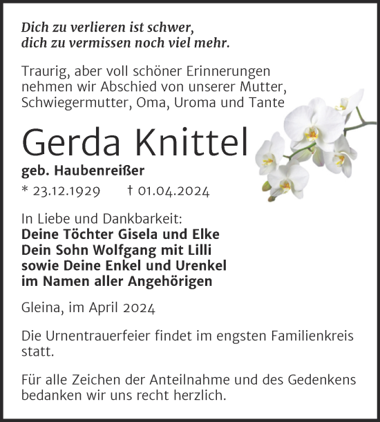 Traueranzeige von Gerda Knittel von Naumburger Tageblatt