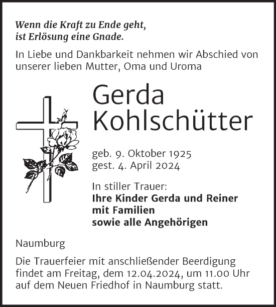 Traueranzeige von Gerda Kohlschütter von Naumburger Tageblatt