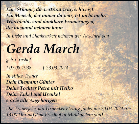 Traueranzeige von Gerda March von Trauerkombi Bitterfeld