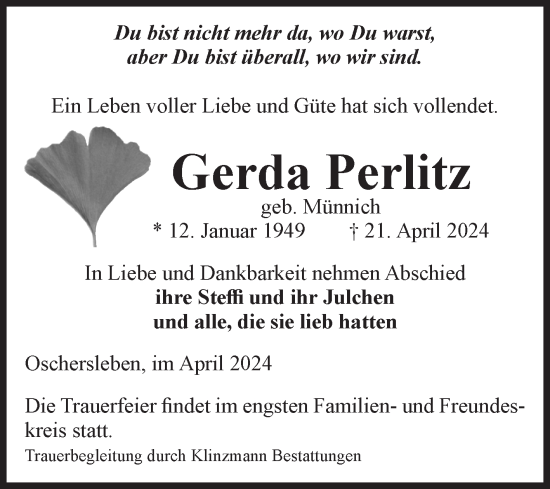 Traueranzeige von Gerda Perlitz von Volksstimme Oschersleben/Wanzleben