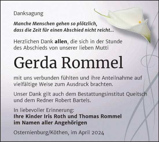 Traueranzeige von Gerda Rommel von Trauerkombi Köthen