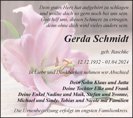 Traueranzeige von Gerda Schmidt von Trauerkombi Bitterfeld