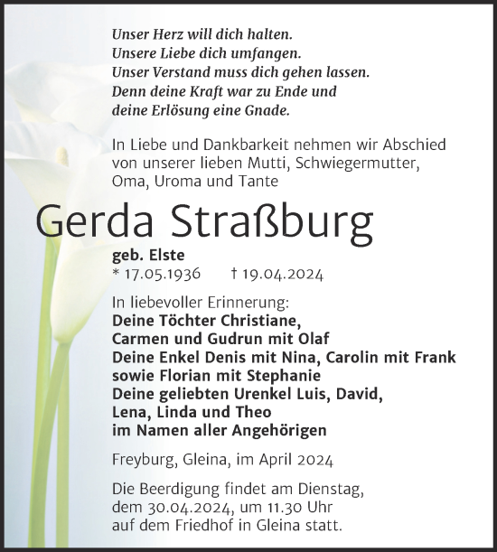 Traueranzeige von Gerda Straßburg von Super Sonntag Naumburg/Nebra