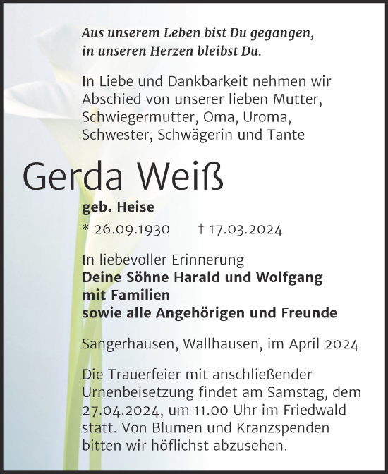 Traueranzeige von Gerda Weiß von Trauerkombi Sangerhausen