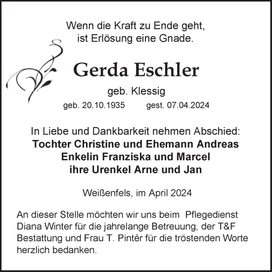 Traueranzeige von Gerdfa Eschler von Trauerkombi Weißenfels