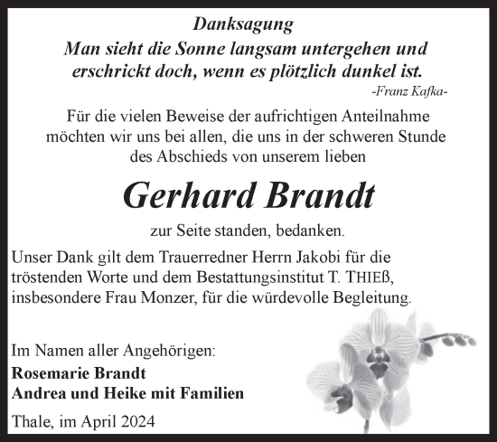Traueranzeige von Gerhard Brandt von Trauerkombi Quedlinburg