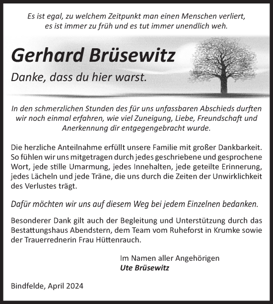 Traueranzeige von Gerhard Brüsewitz von Volksstimme Altmark Ost