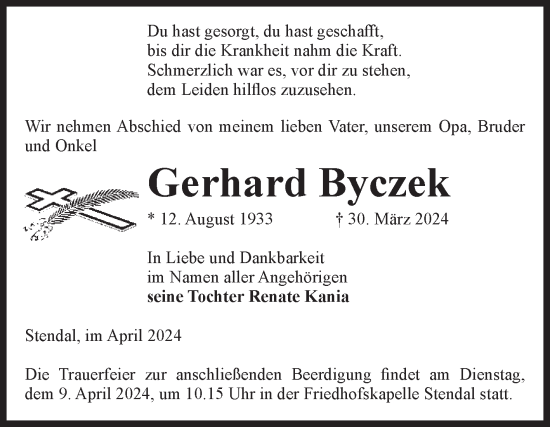 Traueranzeige von Gerhard Byczek von Volksstimme Altmark Ost