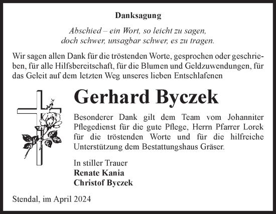 Traueranzeige von Gerhard Byczek von Volksstimme Altmark Ost